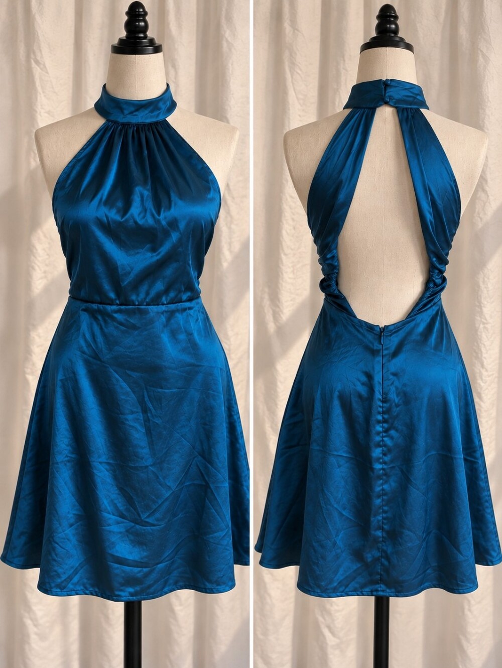 Open Back Teal Blue Satin Halter Midi Dress Size S